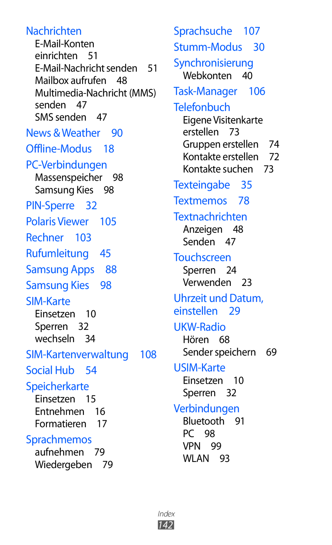 Samsung GT-S6102SKATPH, GT-S6102UWATUR, GT-S6102SKAATO, GT-S6102SKATMN, GT-S6102SKADBT, GT-S6102UWADBT manual Nachrichten, 142 