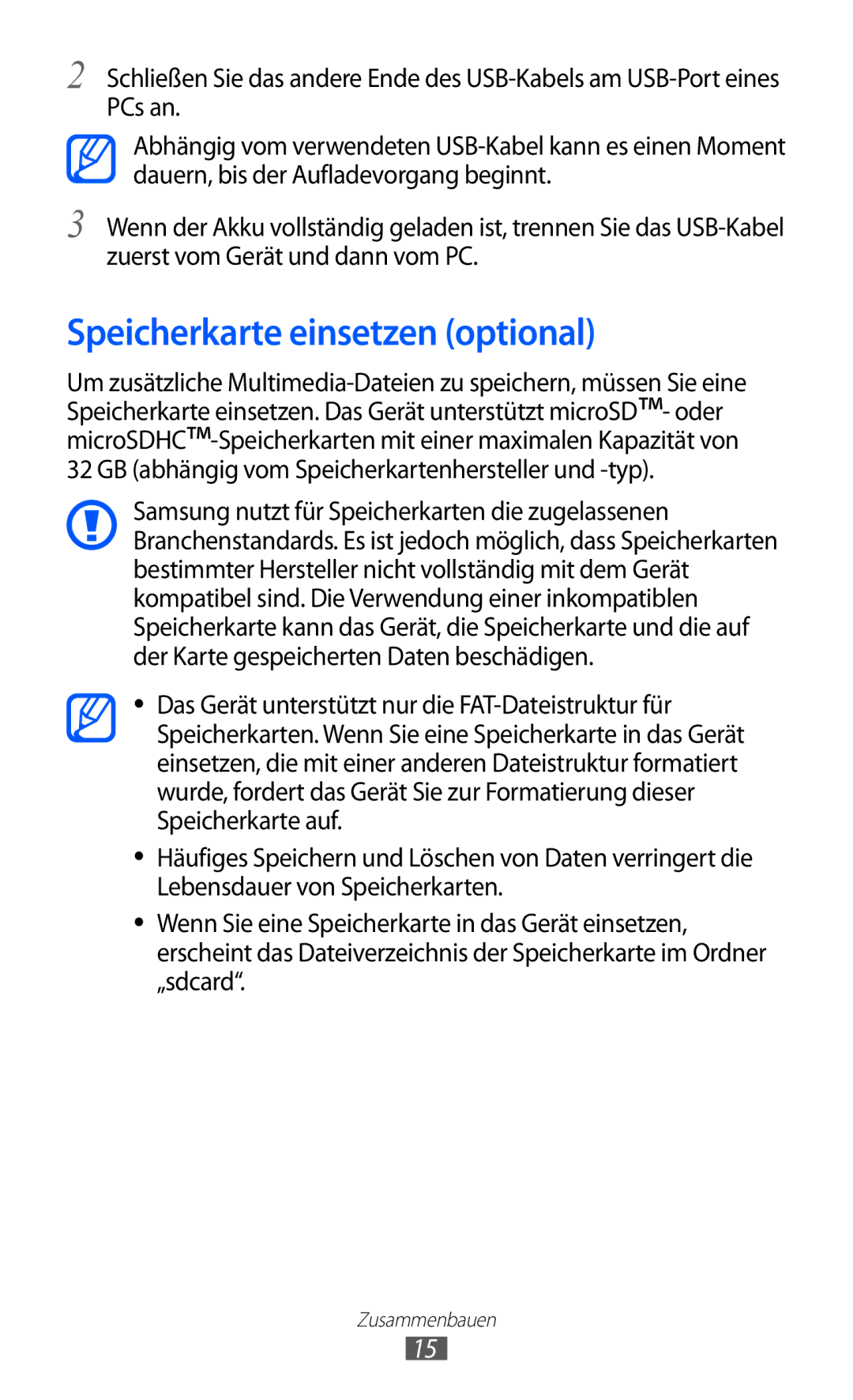 Samsung GT-S6102UWADBT, GT-S6102UWATUR, GT-S6102SKAATO, GT-S6102SKATMN, GT-S6102SKADBT manual Speicherkarte einsetzen optional 