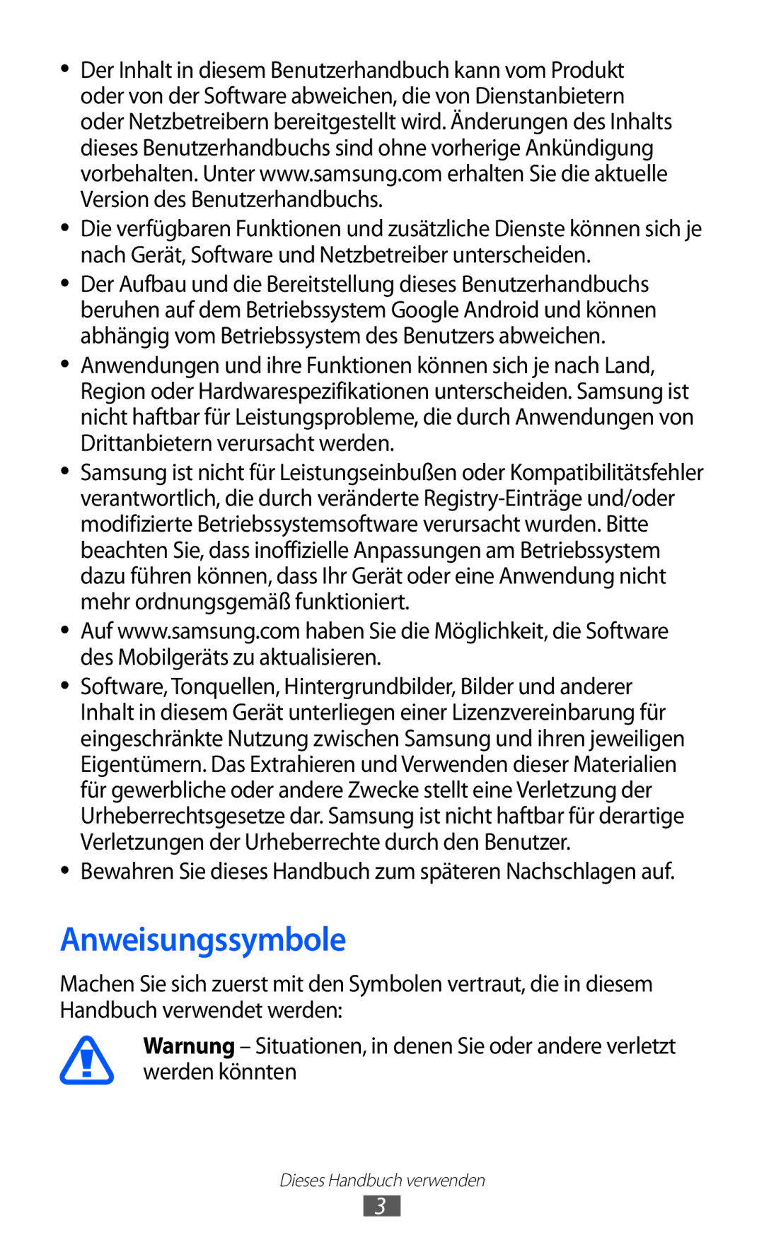 Samsung GT-S6102SKADBT, GT-S6102UWATUR manual Anweisungssymbole, Bewahren Sie dieses Handbuch zum späteren Nachschlagen auf 