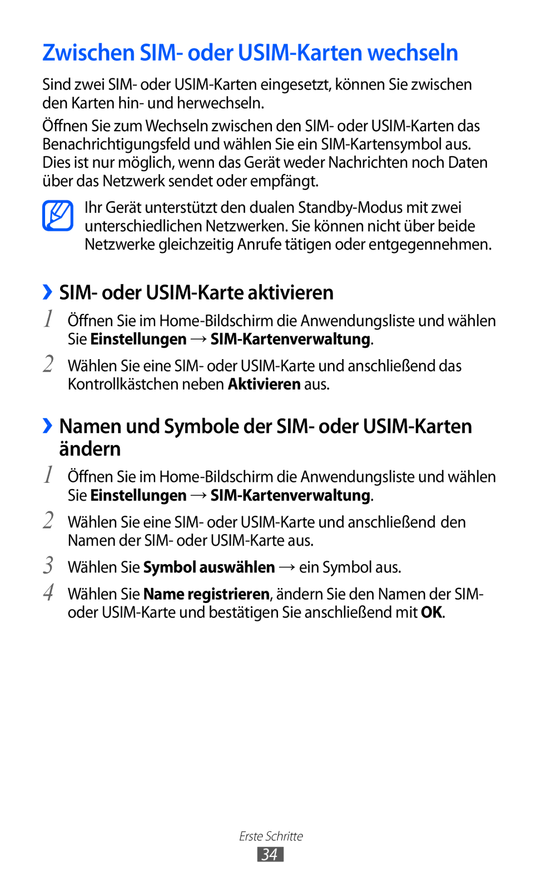 Samsung GT-S6102SKAATO, GT-S6102UWATUR manual Zwischen SIM- oder USIM-Karten wechseln, ››SIM- oder USIM-Karte aktivieren 