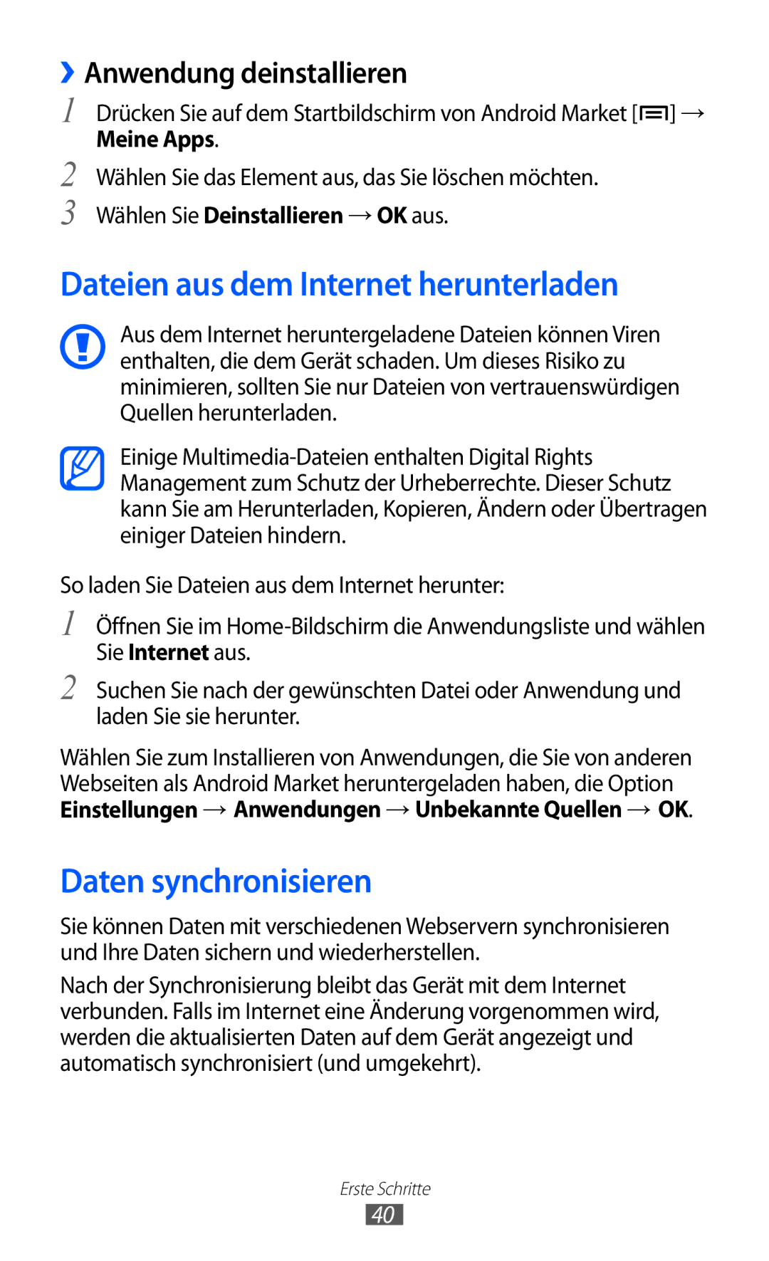 Samsung GT-S6102SKAPRT manual Dateien aus dem Internet herunterladen, Daten synchronisieren, ››Anwendung deinstallieren 