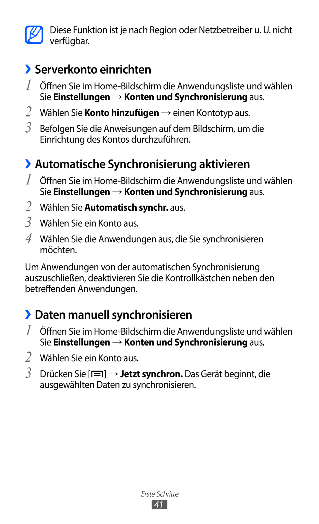 Samsung GT-S6102SKAEUR, GT-S6102UWATUR, GT-S6102SKAATO ››Serverkonto einrichten, ››Automatische Synchronisierung aktivieren 