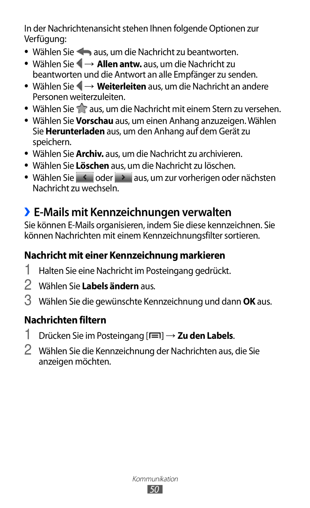 Samsung GT-S6102TKADBT manual ››E-Mails mit Kennzeichnungen verwalten, Nachricht mit einer Kennzeichnung markieren 