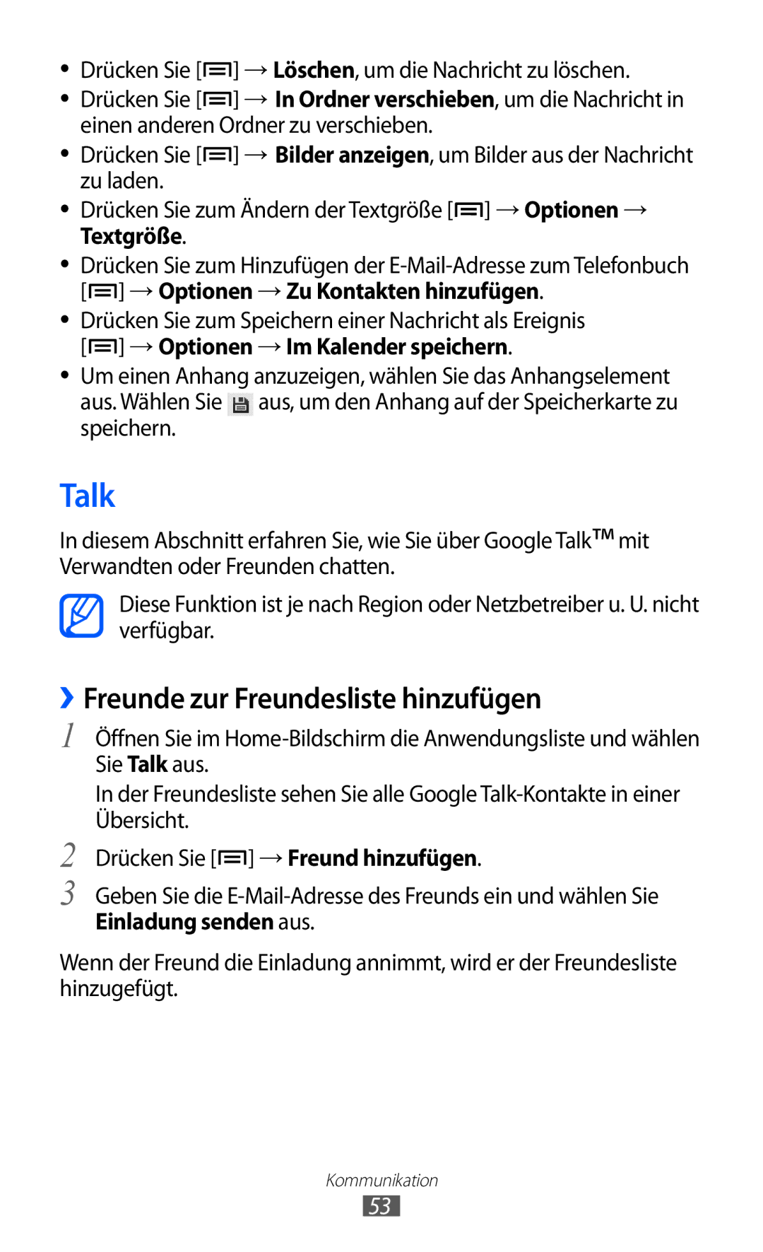 Samsung GT2S6102SKADBT manual Talk, ››Freunde zur Freundesliste hinzufügen, Textgröße, → Optionen → Zu Kontakten hinzufügen 