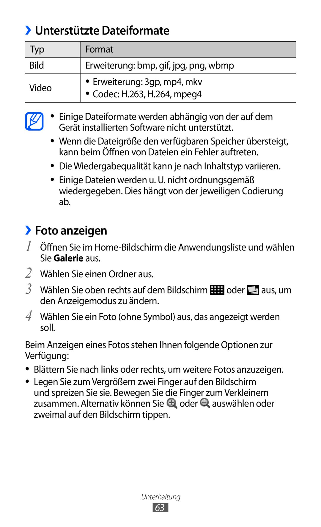 Samsung GT-S6102SKAEUR, GT-S6102UWATUR, GT-S6102SKAATO, GT-S6102SKATMN manual Unterstützte Dateiformate, ››Foto anzeigen 