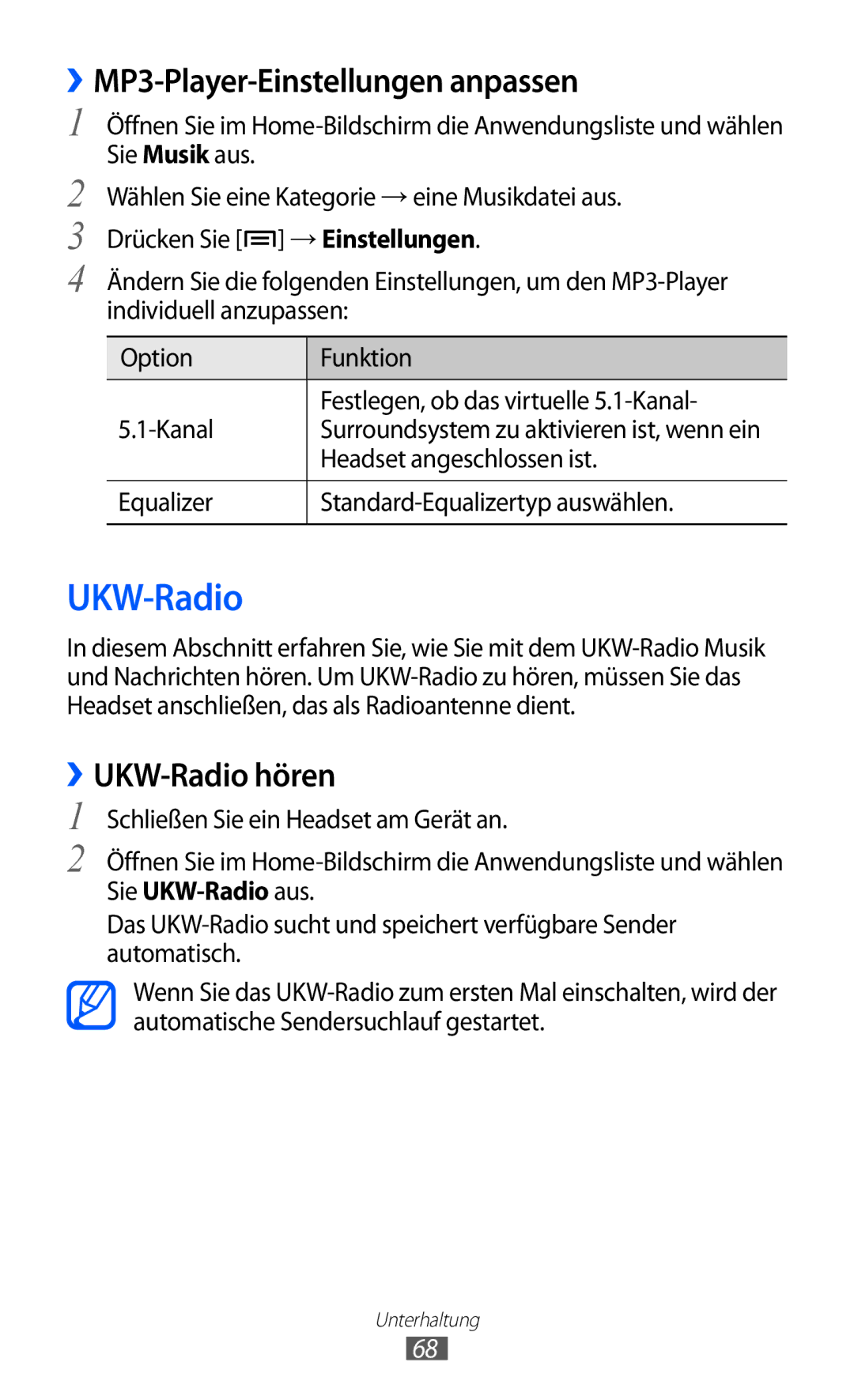 Samsung GT-S6102SKATMN manual ››MP3-Player-Einstellungen anpassen, ››UKW-Radio hören, Headset angeschlossen ist 