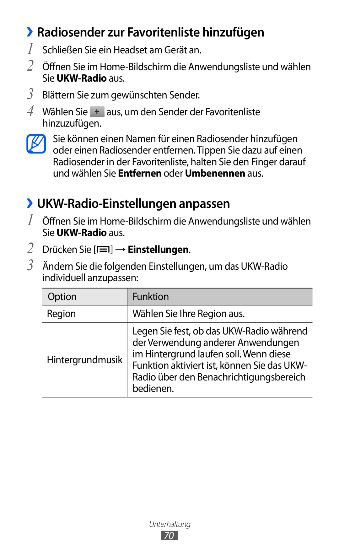 Samsung GT-S6102UWADBT ››Radiosender zur Favoritenliste hinzufügen, ››UKW-Radio-Einstellungen anpassen, Sie UKW-Radio aus 