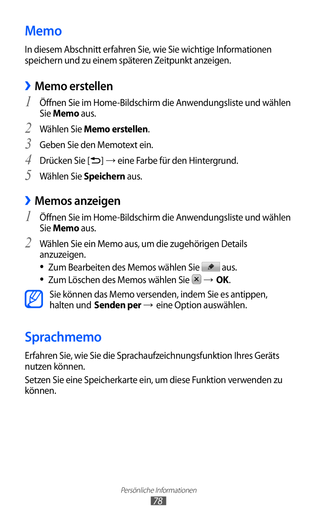 Samsung GT-S6102SKAATO, GT-S6102UWATUR manual Sprachmemo, ››Memo erstellen, ››Memos anzeigen, Wählen Sie Memo erstellen 