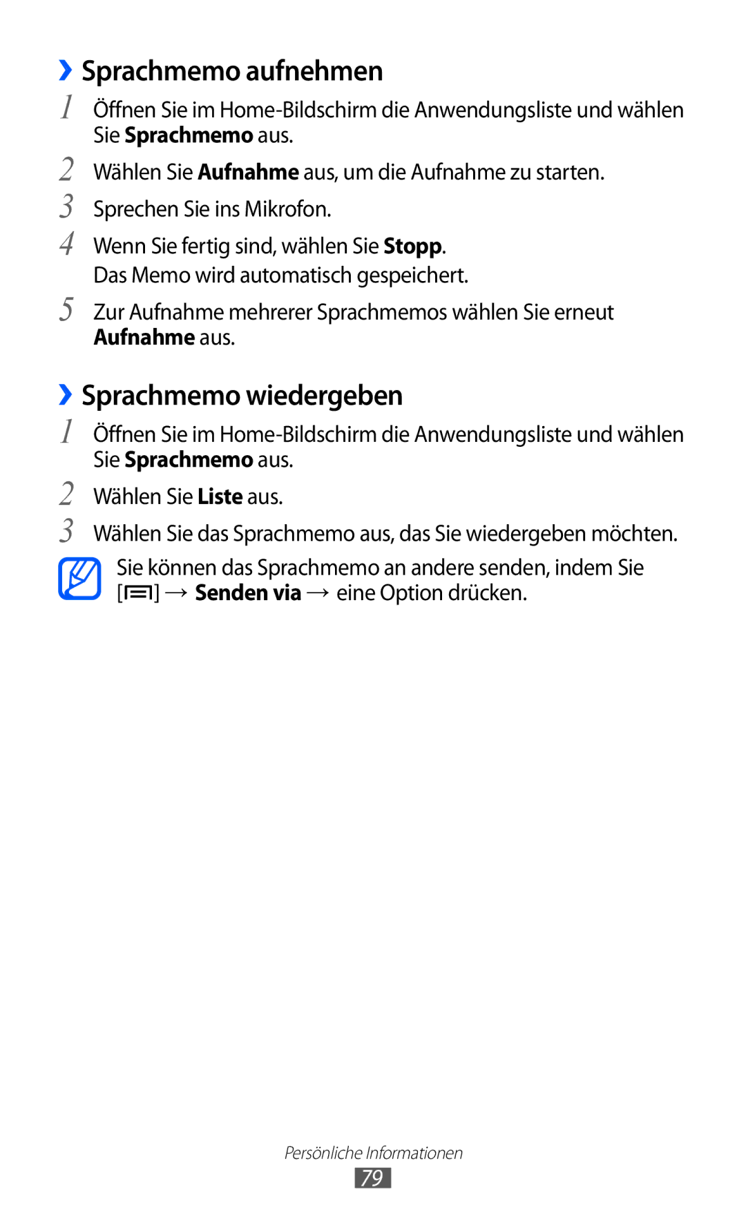 Samsung GT-S6102SKATMN, GT-S6102UWATUR, GT-S6102SKAATO, GT-S6102SKADBT manual ››Sprachmemo aufnehmen, ››Sprachmemo wiedergeben 