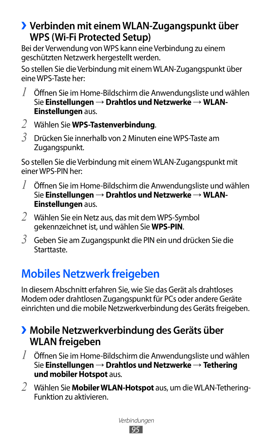 Samsung GT-S6102SKAPRT manual Mobiles Netzwerk freigeben, WPS Wi-Fi Protected Setup, Wählen Sie WPS-Tastenverbindung 