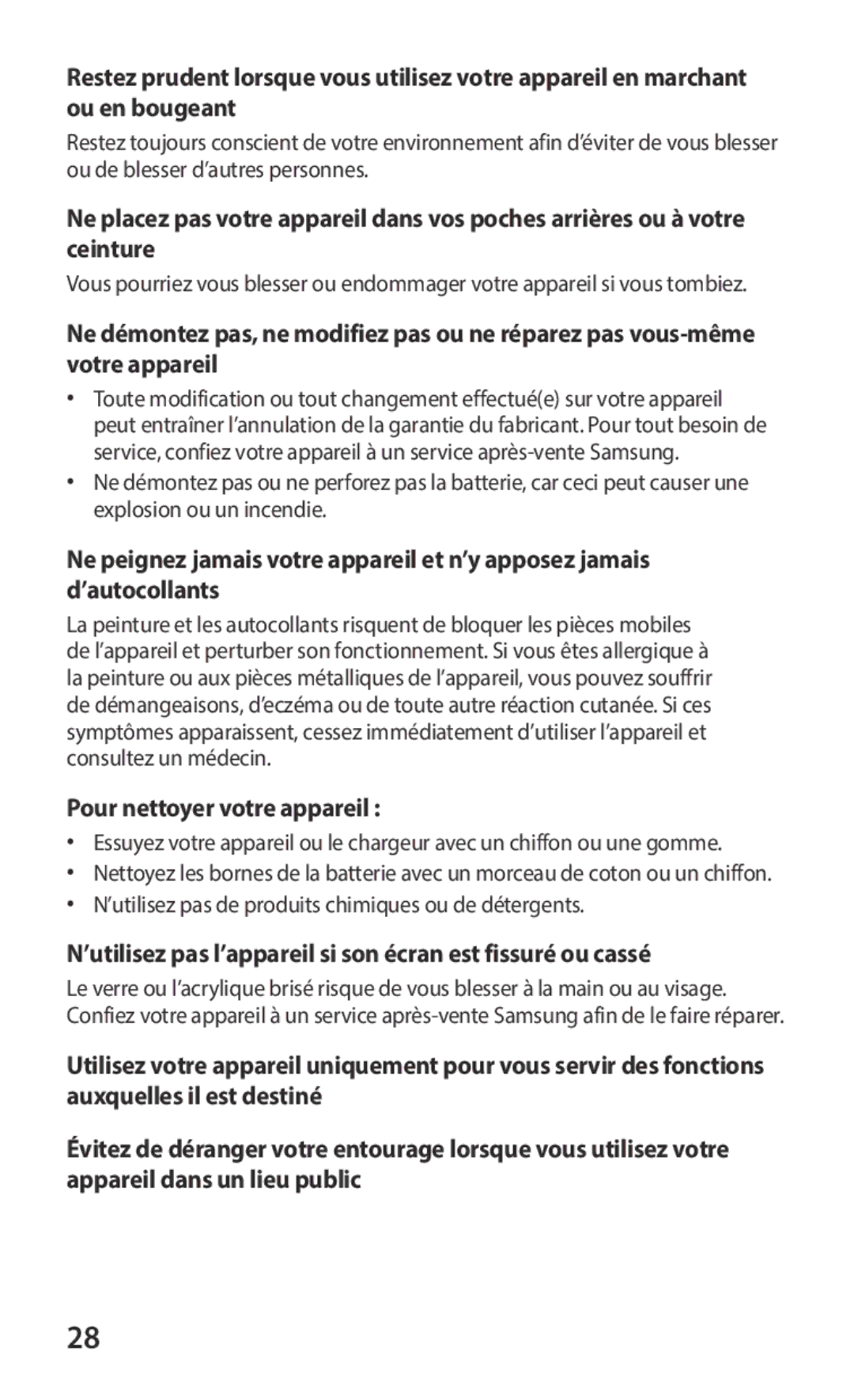 Samsung GT-S6102UWAXEF manual Pour nettoyer votre appareil, ’utilisez pas l’appareil si son écran est fissuré ou cassé 