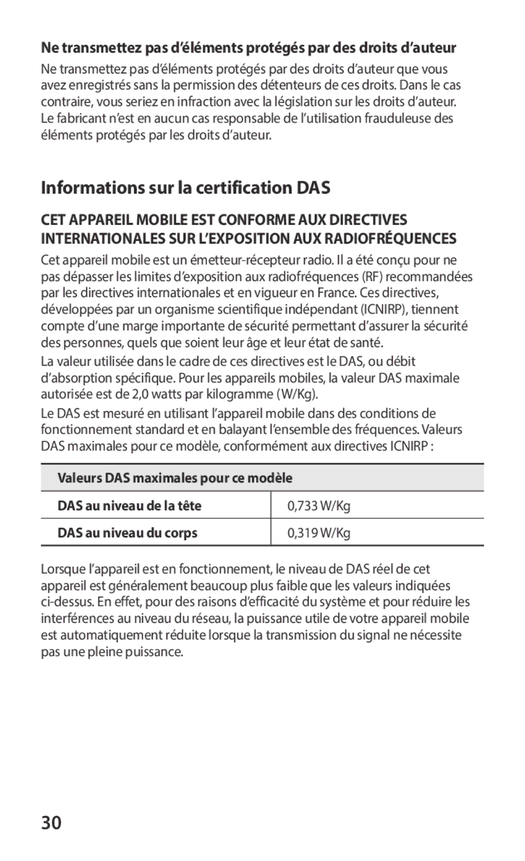 Samsung GT-S6102UWAXEF, GT-S6102SKAXEF manual Informations sur la certification DAS 