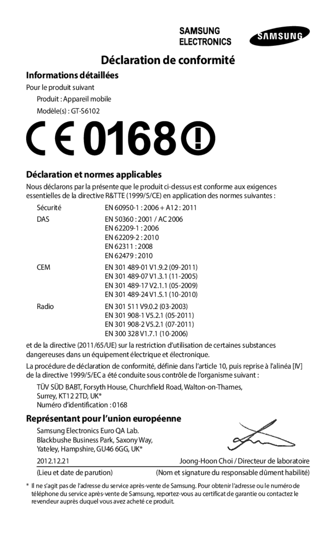 Samsung GT-S6102SKAXEF manual Déclaration de conformité, Informations détaillées, Déclaration et normes applicables 