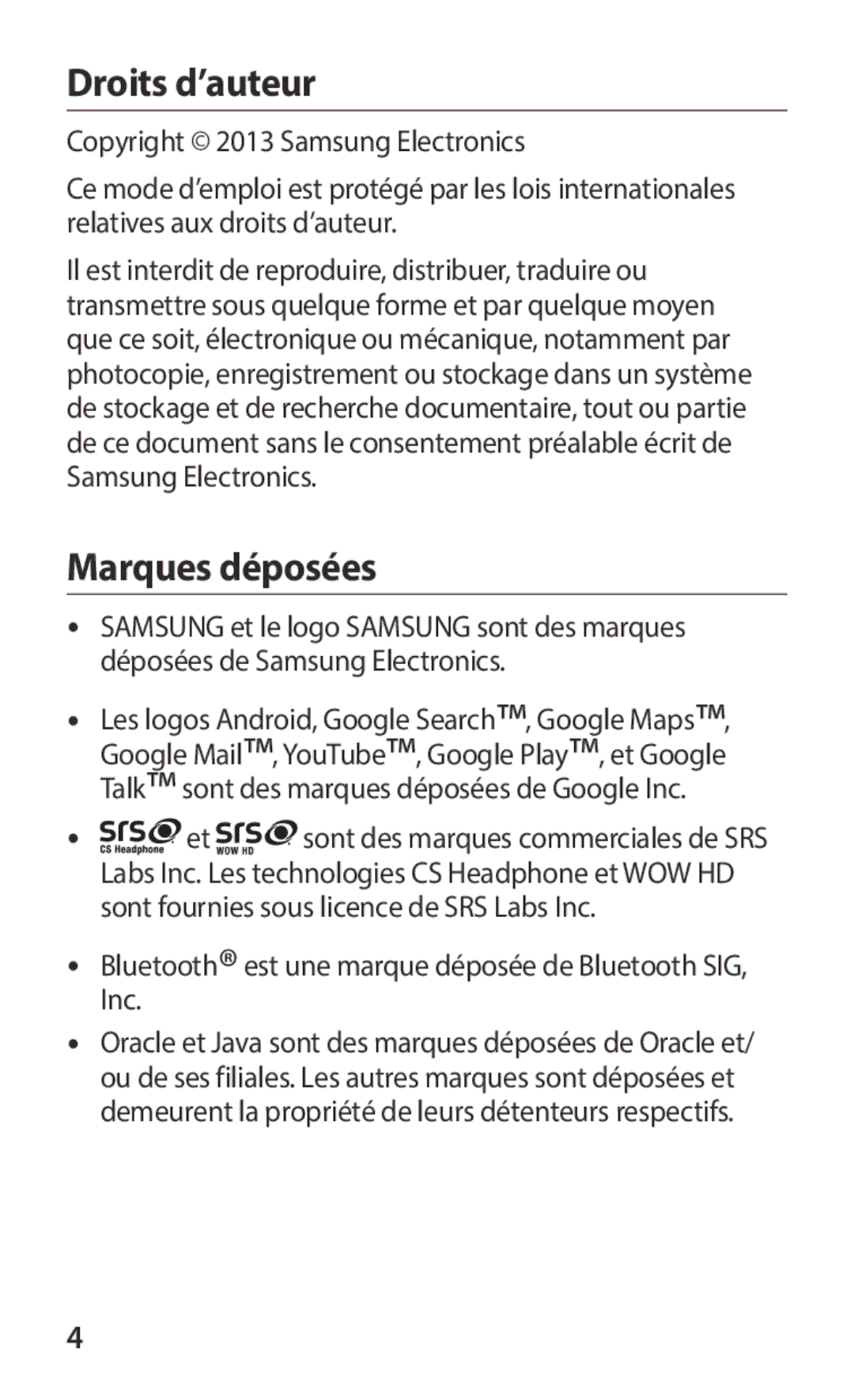 Samsung GT-S6102UWAXEF, GT-S6102SKAXEF manual Droits d’auteur, Marques déposées 