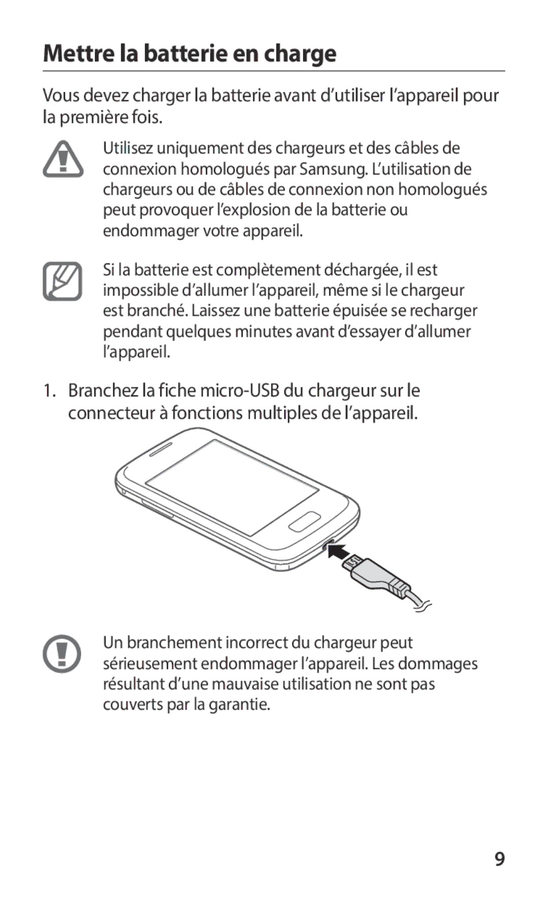 Samsung GT-S6102SKAXEF, GT-S6102UWAXEF manual Mettre la batterie en charge 