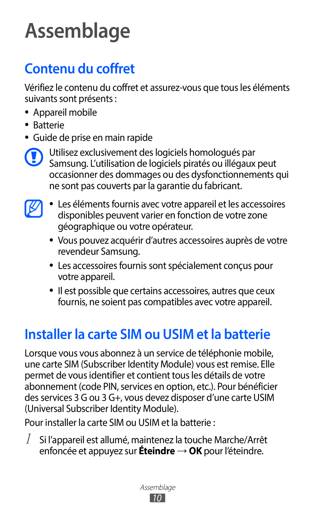 Samsung GT-S6102UWAXEF, GT-S6102SKAXEF manual Assemblage, Contenu du coffret, Guide de prise en main rapide 