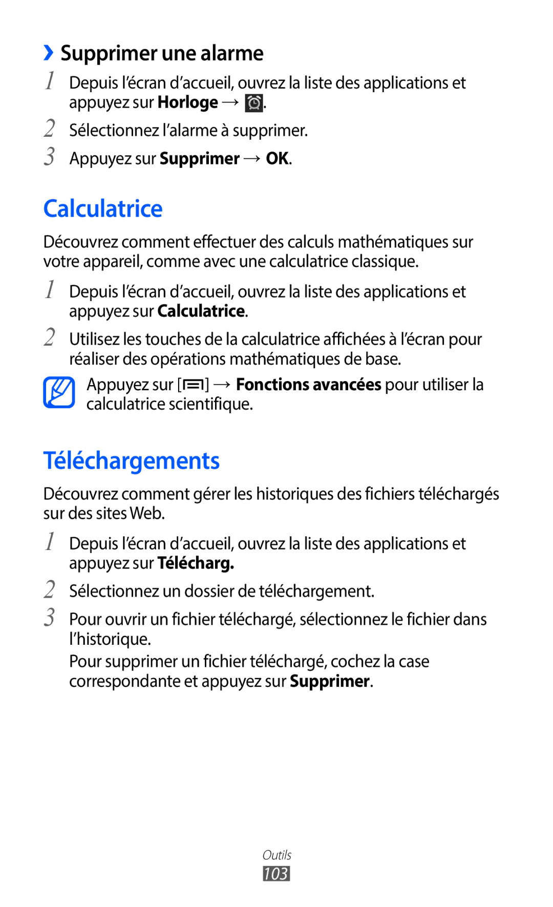 Samsung GT-S6102SKAXEF, GT-S6102UWAXEF manual Calculatrice, Téléchargements, ››Supprimer une alarme, 103 