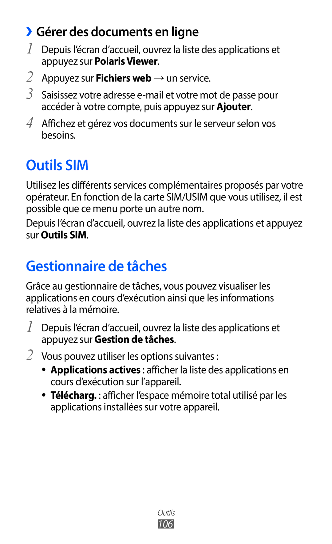 Samsung GT-S6102UWAXEF, GT-S6102SKAXEF manual Outils SIM, Gestionnaire de tâches, ››Gérer des documents en ligne, 106 