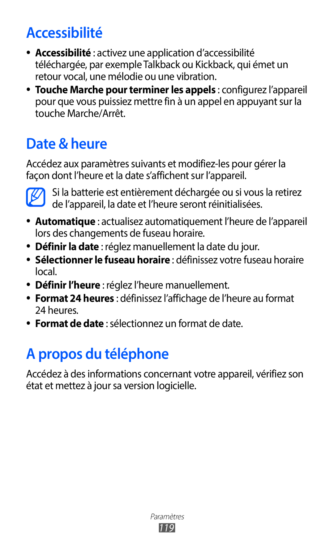 Samsung GT-S6102SKAXEF, GT-S6102UWAXEF manual Accessibilité, Date & heure, Propos du téléphone, 119 