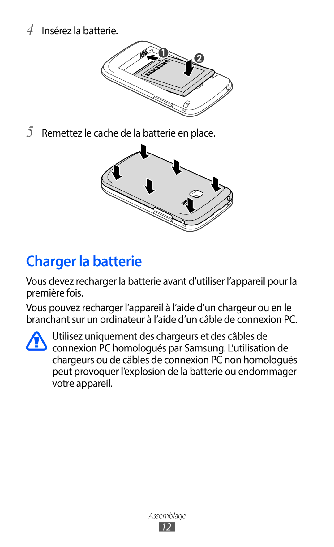 Samsung GT-S6102UWAXEF, GT-S6102SKAXEF manual Charger la batterie 