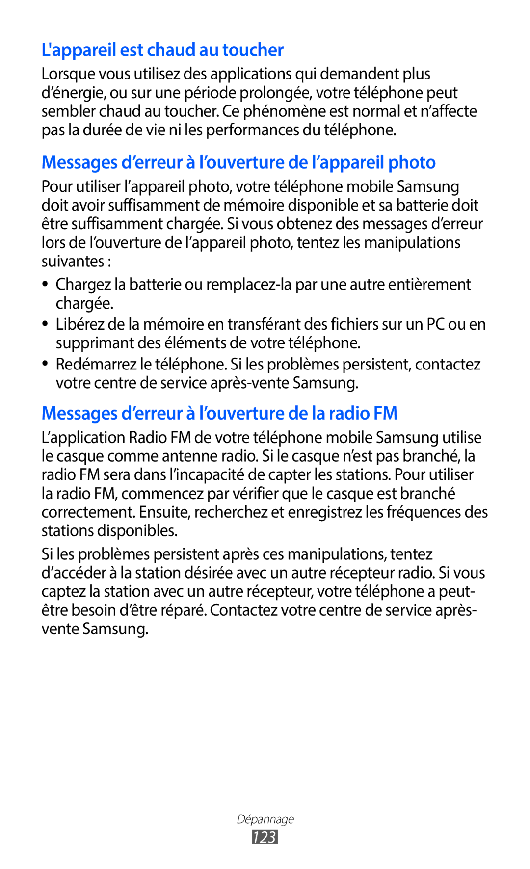 Samsung GT-S6102SKAXEF, GT-S6102UWAXEF manual Lappareil est chaud au toucher, 123 