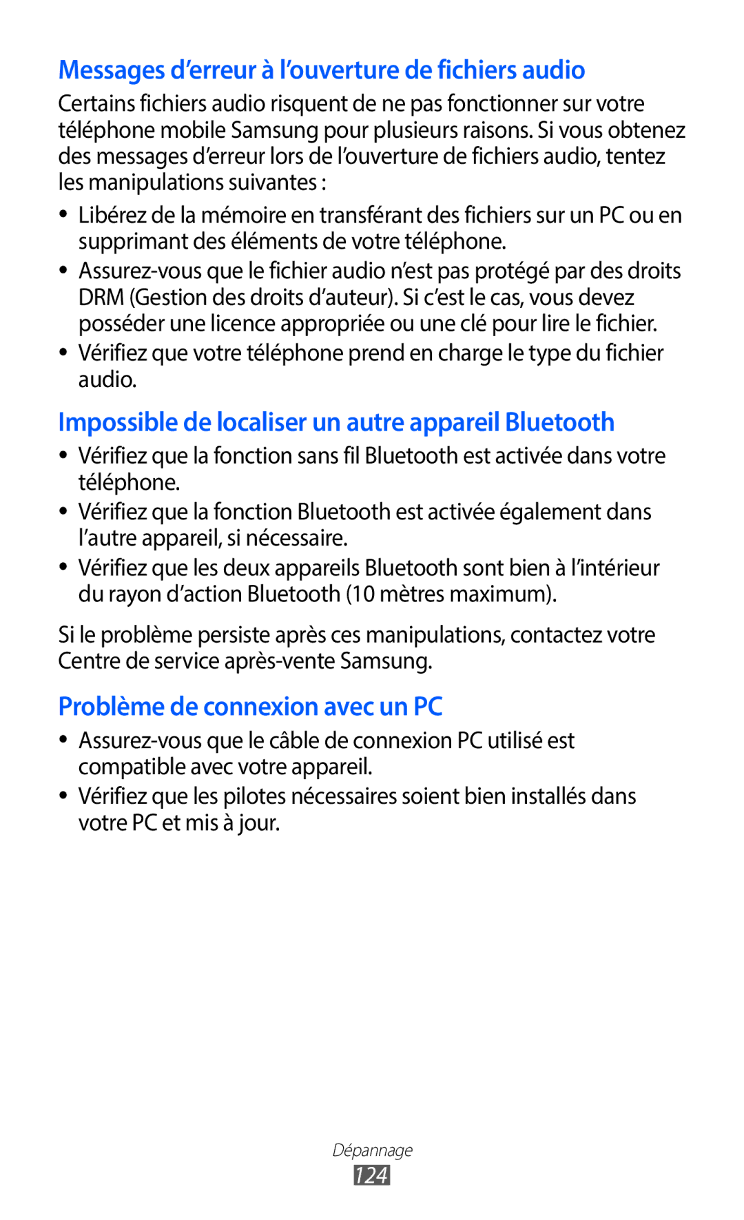 Samsung GT-S6102UWAXEF, GT-S6102SKAXEF manual Messages d’erreur à l’ouverture de fichiers audio, 124 