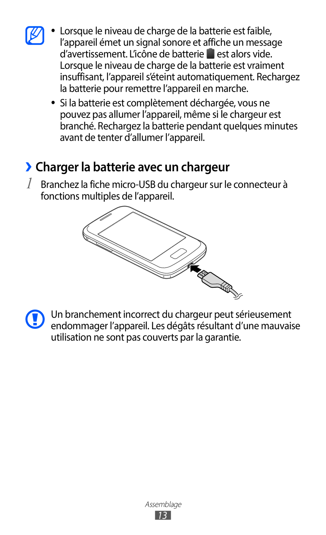 Samsung GT-S6102SKAXEF, GT-S6102UWAXEF manual ››Charger la batterie avec un chargeur 