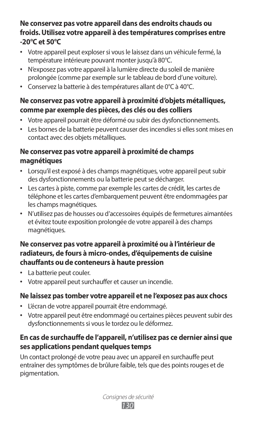 Samsung GT-S6102UWAXEF, GT-S6102SKAXEF manual 130, Conservez la batterie à des températures allant de 0C à 40C 