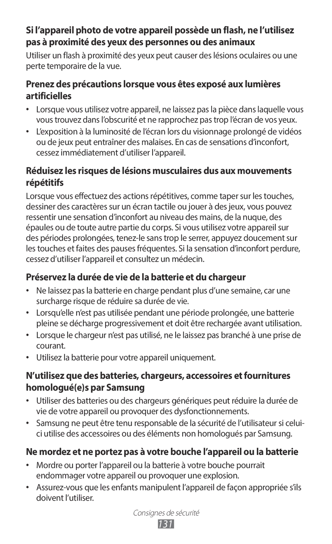 Samsung GT-S6102SKAXEF, GT-S6102UWAXEF manual 131, Préservez la durée de vie de la batterie et du chargeur 