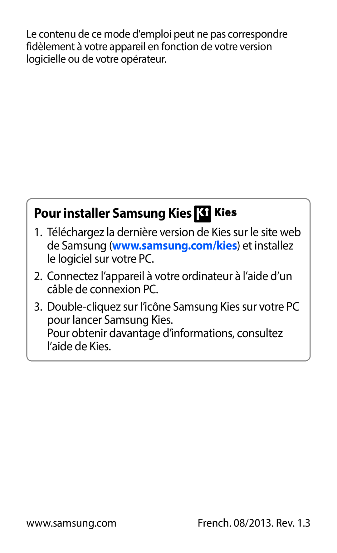 Samsung GT-S6102SKAXEF, GT-S6102UWAXEF manual Pour installer Samsung Kies 