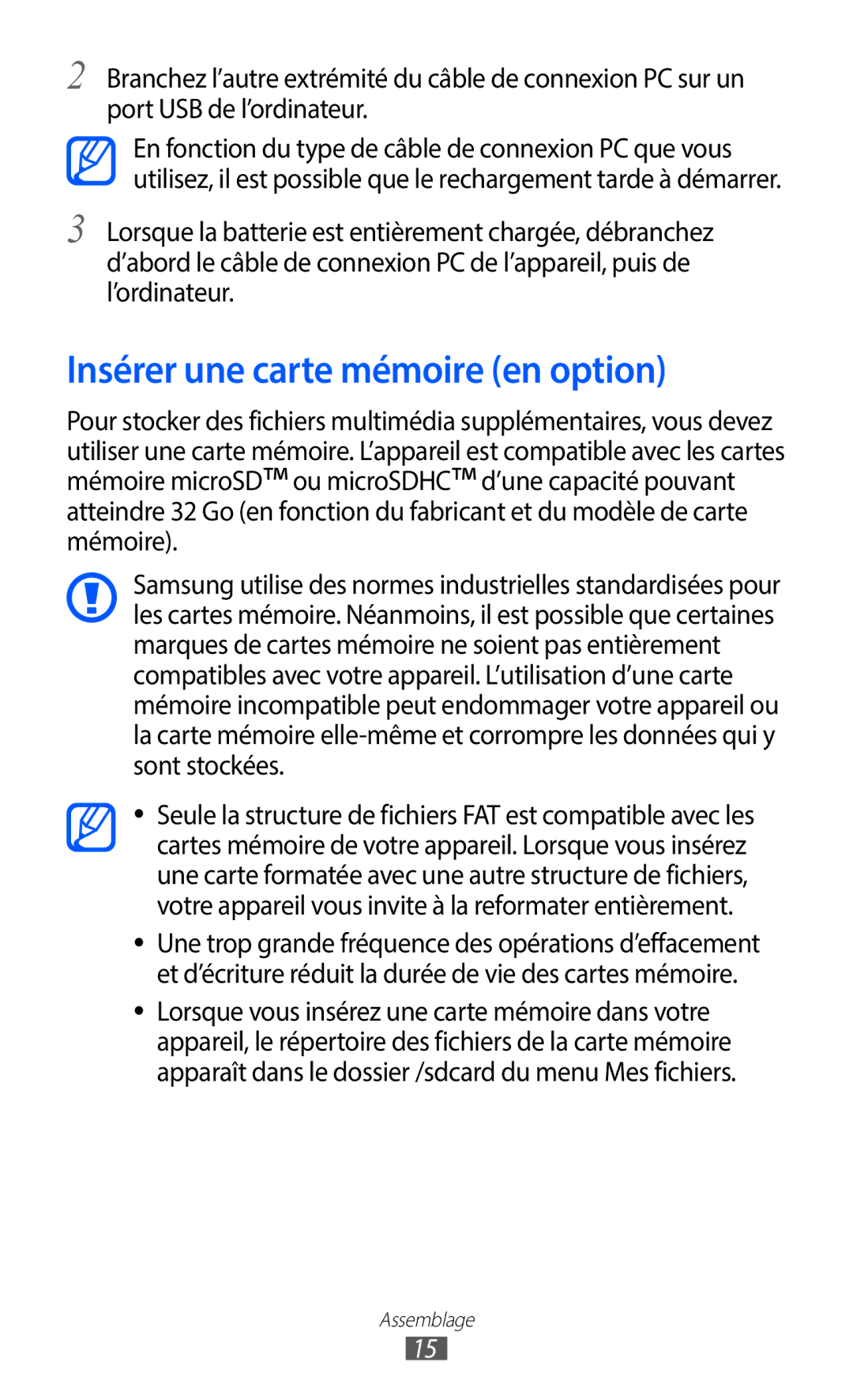 Samsung GT-S6102SKAXEF, GT-S6102UWAXEF manual Insérer une carte mémoire en option 