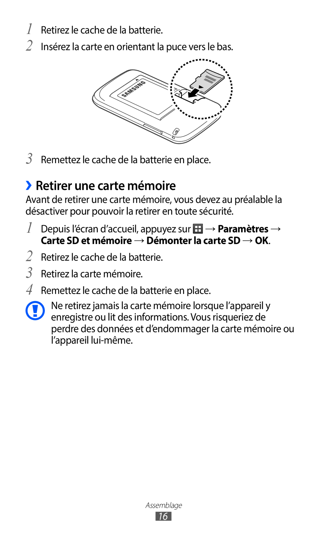 Samsung GT-S6102UWAXEF, GT-S6102SKAXEF manual ››Retirer une carte mémoire 