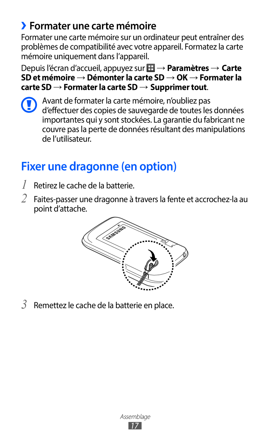 Samsung GT-S6102SKAXEF, GT-S6102UWAXEF manual Fixer une dragonne en option, ››Formater une carte mémoire 