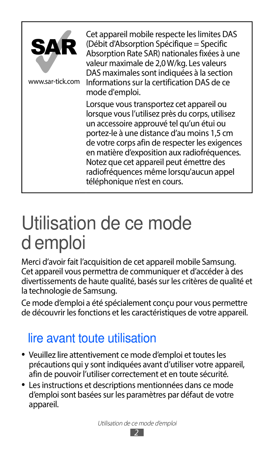 Samsung GT-S6102UWAXEF, GT-S6102SKAXEF manual Utilisation de ce mode d’emploi, Lire avant toute utilisation 