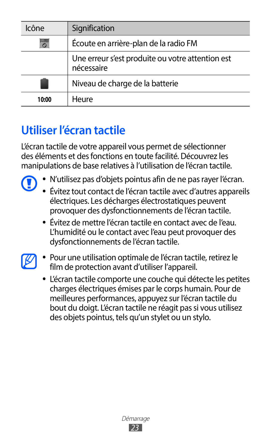 Samsung GT-S6102SKAXEF Utiliser l’écran tactile, Icône Signification Écoute en arrière-plan de la radio FM, Nécessaire 