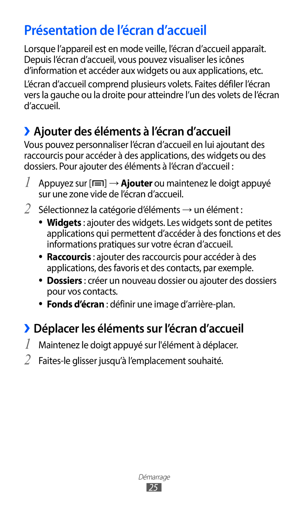 Samsung GT-S6102SKAXEF, GT-S6102UWAXEF manual Présentation de l’écran d’accueil, ››Ajouter des éléments à l’écran d’accueil 