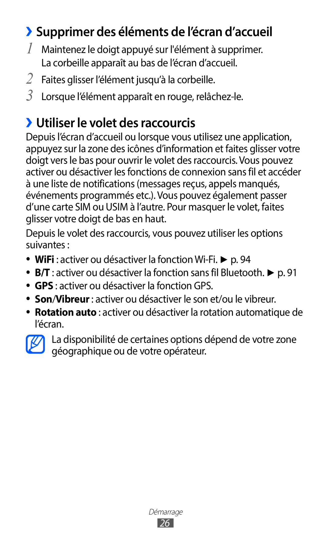 Samsung GT-S6102UWAXEF, GT-S6102SKAXEF ››Supprimer des éléments de l’écran d’accueil, ››Utiliser le volet des raccourcis 