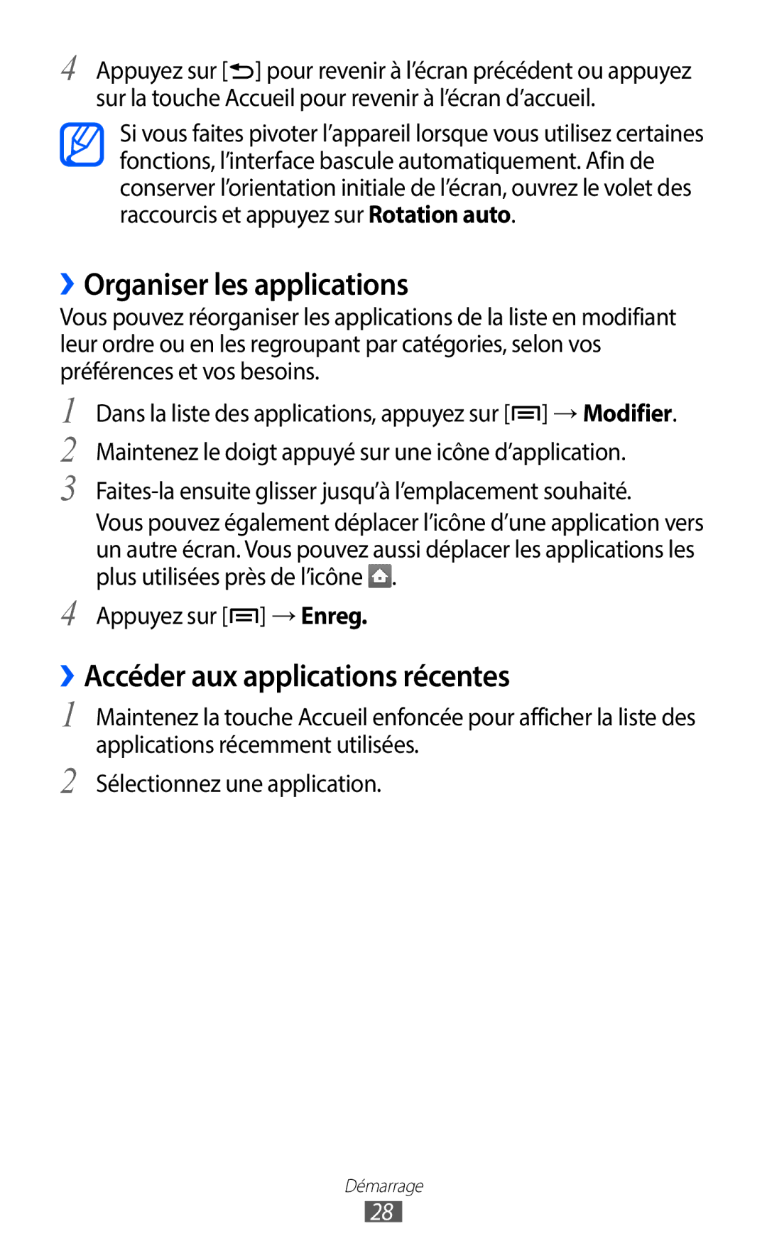 Samsung GT-S6102UWAXEF manual ››Organiser les applications, ››Accéder aux applications récentes, Appuyez sur → Enreg 