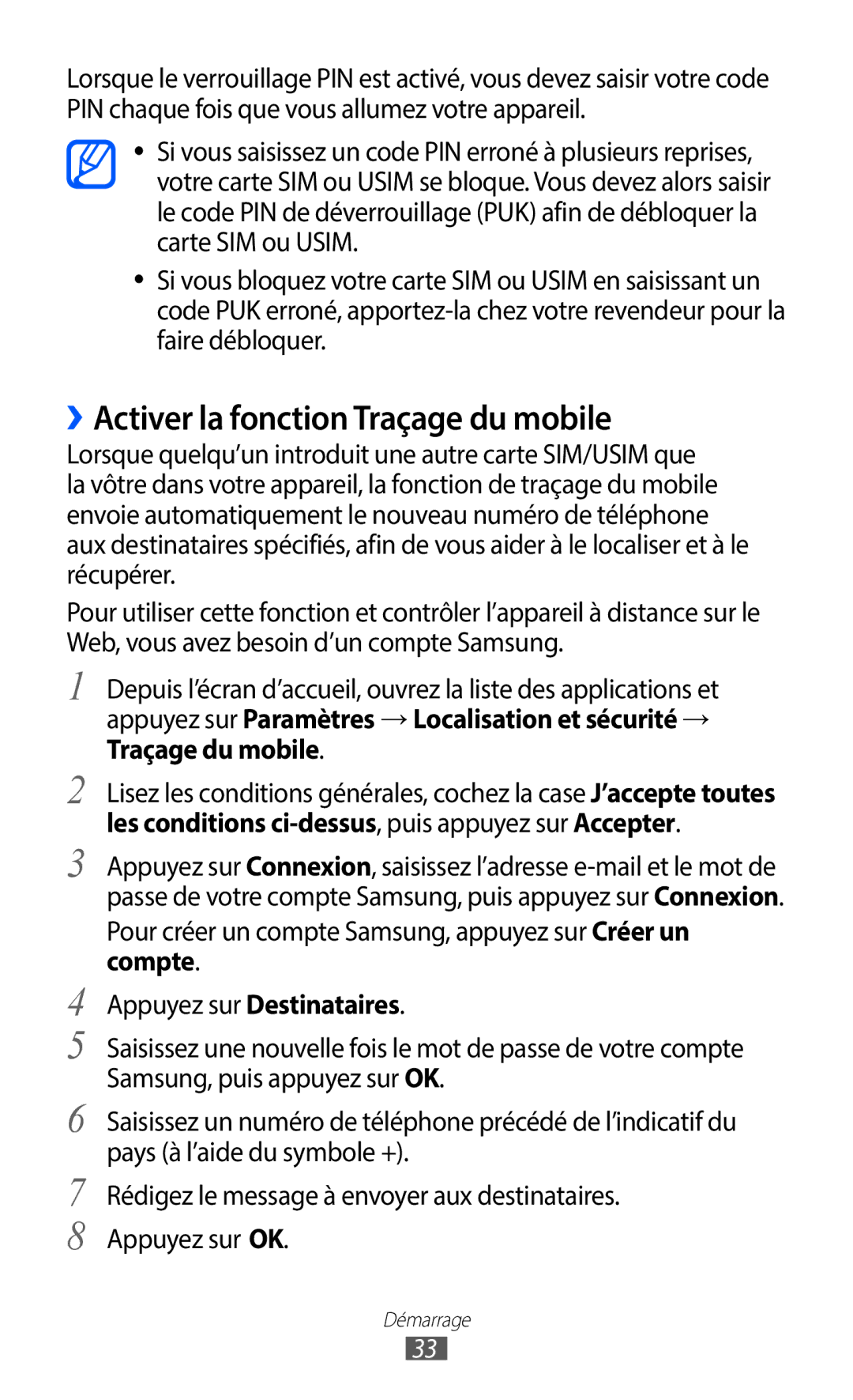 Samsung GT-S6102SKAXEF, GT-S6102UWAXEF manual ››Activer la fonction Traçage du mobile 