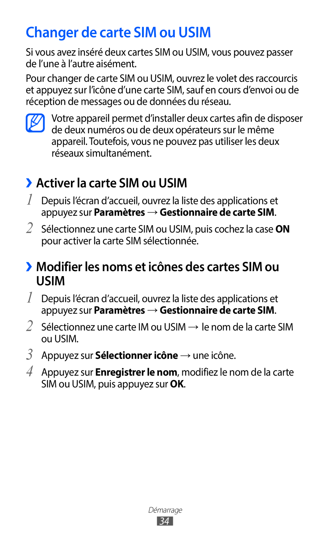 Samsung GT-S6102UWAXEF, GT-S6102SKAXEF manual Changer de carte SIM ou Usim, ››Activer la carte SIM ou Usim 