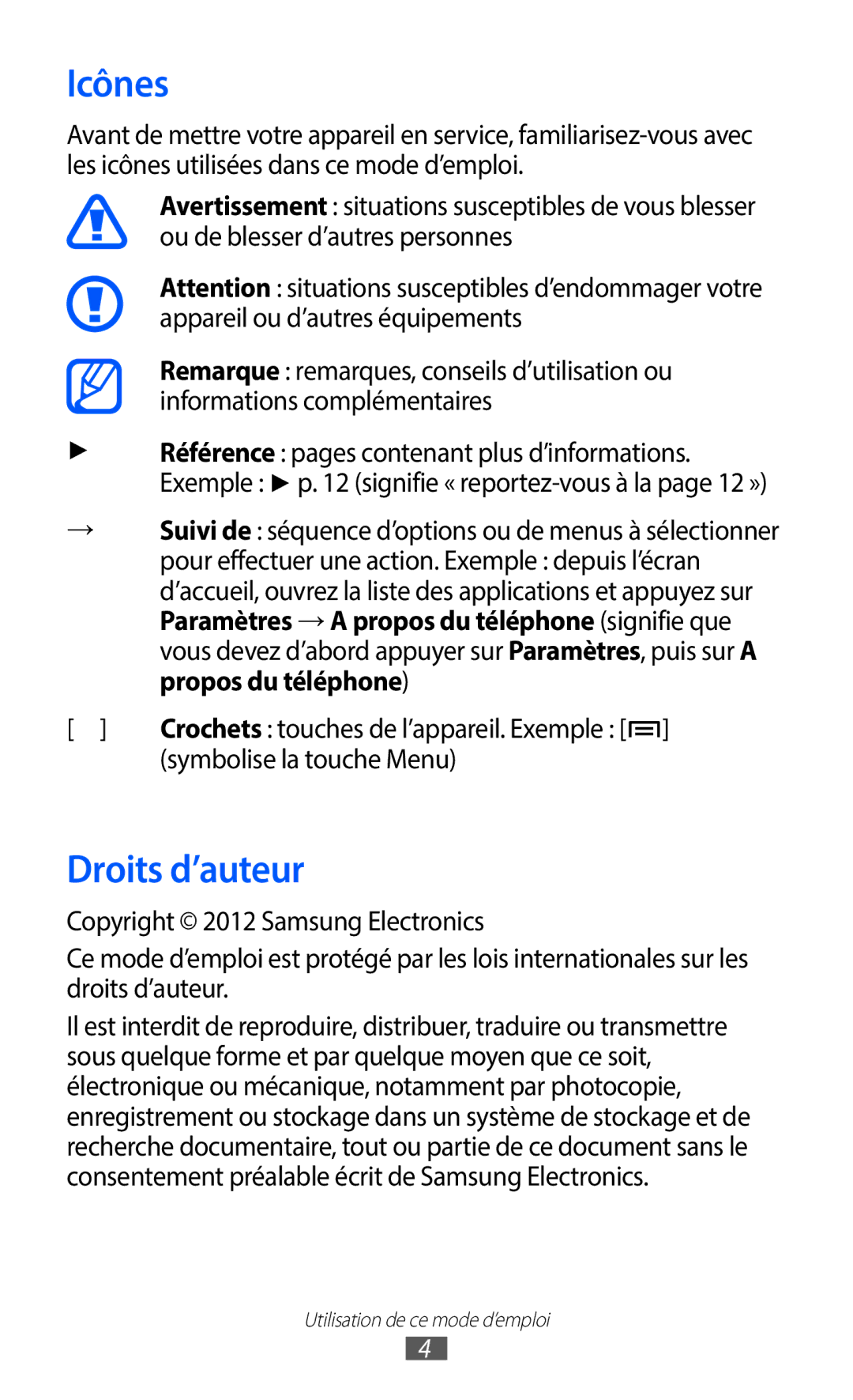 Samsung GT-S6102UWAXEF Icônes, Droits d’auteur, Référence pages contenant plus d’informations, Symbolise la touche Menu 