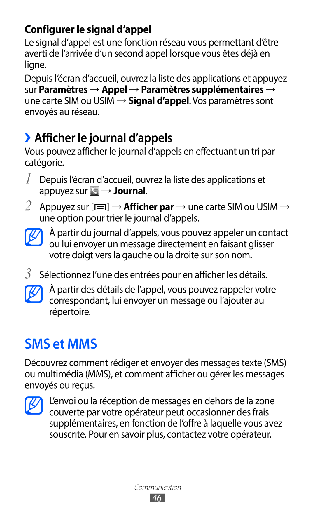 Samsung GT-S6102UWAXEF, GT-S6102SKAXEF manual SMS et MMS, ››Afficher le journal d’appels 