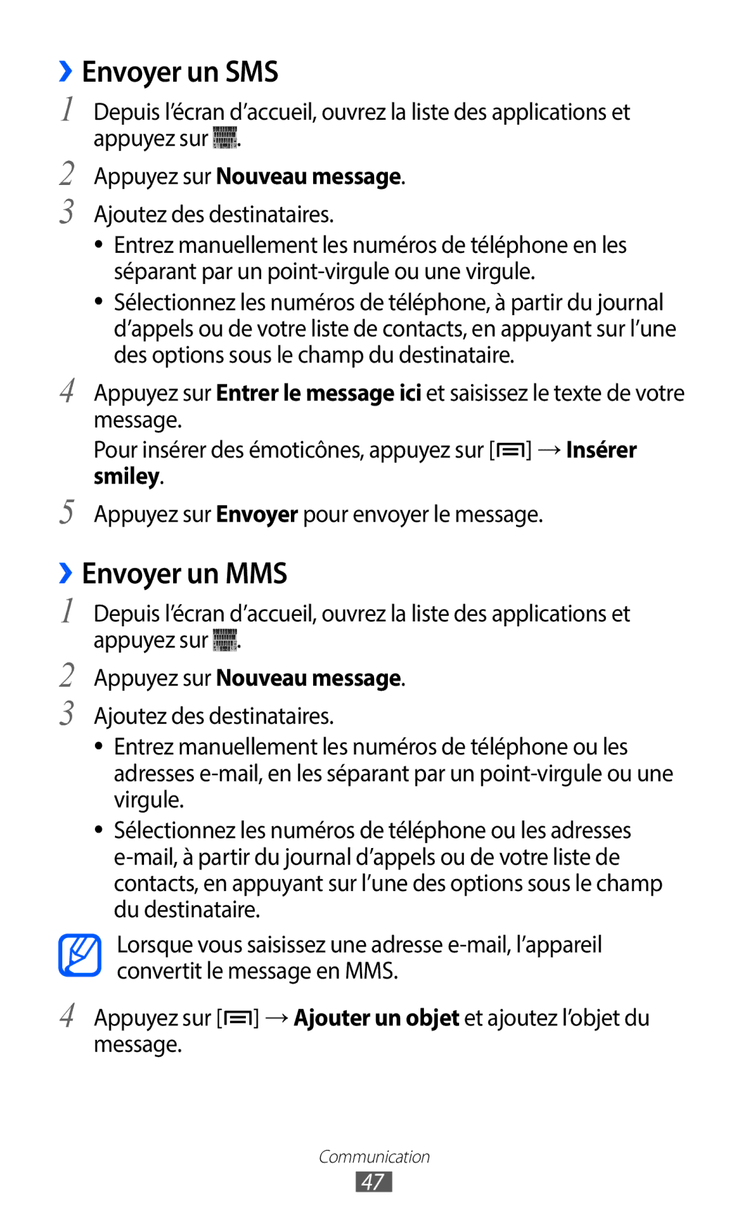 Samsung GT-S6102SKAXEF manual ››Envoyer un SMS, ››Envoyer un MMS, Appuyez sur Nouveau message, Ajoutez des destinataires 