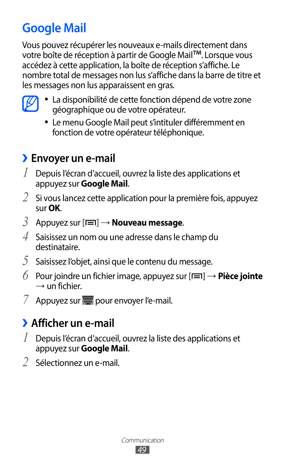 Samsung GT-S6102SKAXEF, GT-S6102UWAXEF manual Google Mail, ››Envoyer un e-mail, ››Afficher un e-mail, → un fichier 