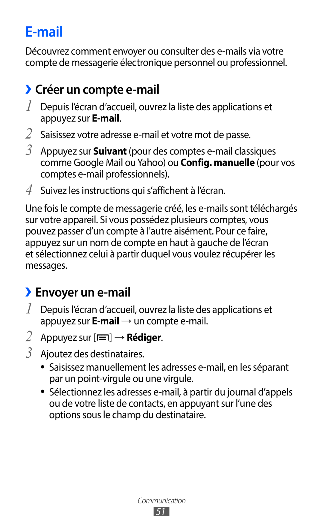 Samsung GT-S6102SKAXEF, GT-S6102UWAXEF manual Mail, ››Créer un compte e-mail 