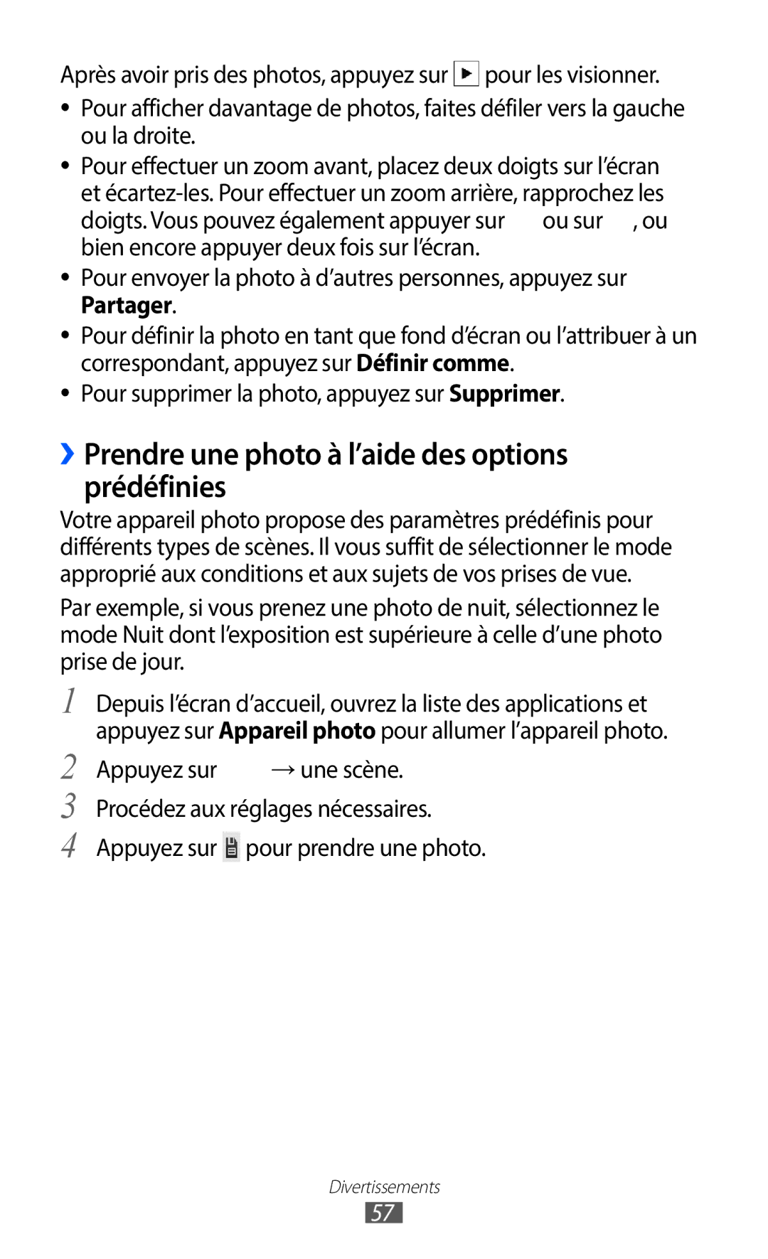 Samsung GT-S6102SKAXEF, GT-S6102UWAXEF manual ››Prendre une photo à l’aide des options prédéfinies 