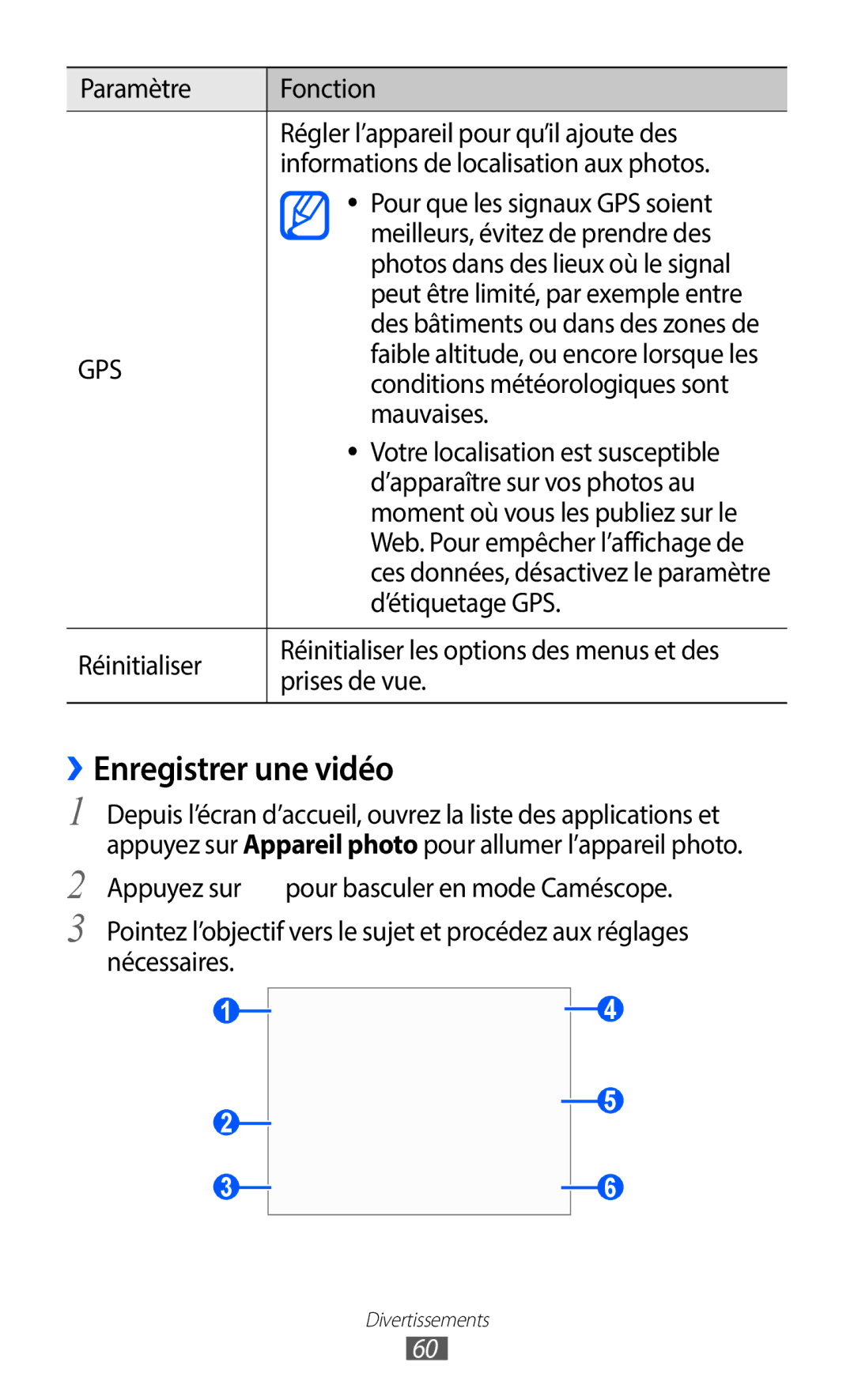 Samsung GT-S6102UWAXEF, GT-S6102SKAXEF manual ››Enregistrer une vidéo 