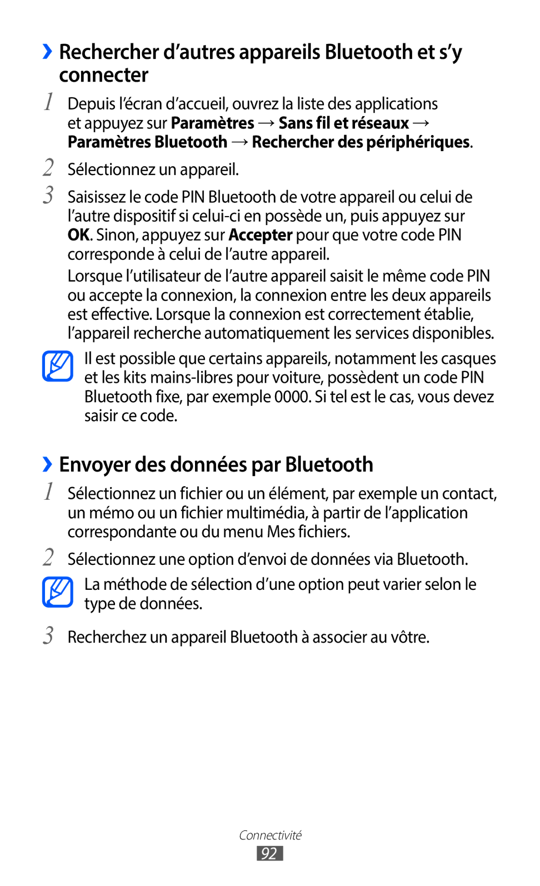 Samsung GT-S6102UWAXEF ››Rechercher d’autres appareils Bluetooth et s’y connecter, ››Envoyer des données par Bluetooth 