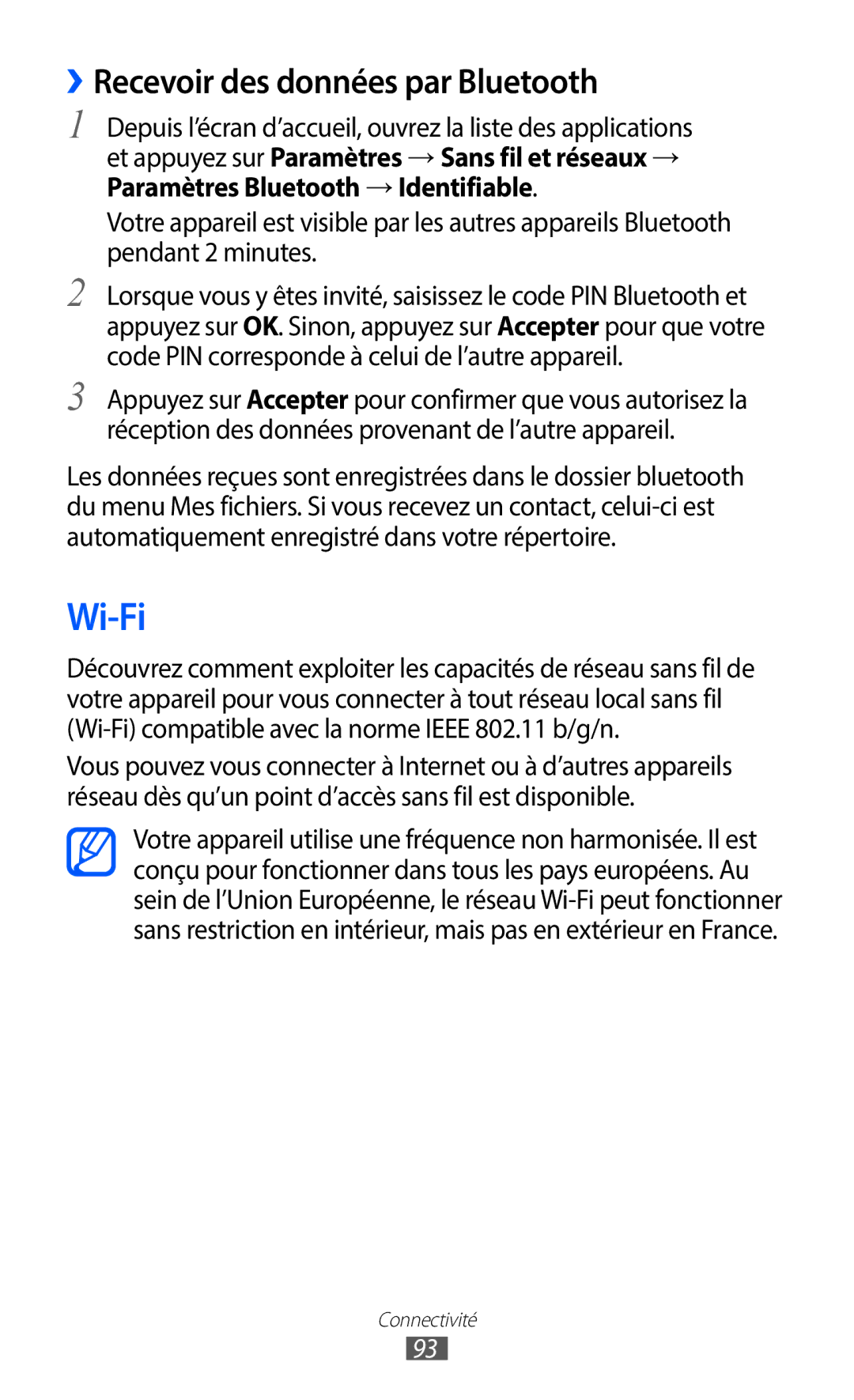 Samsung GT-S6102SKAXEF, GT-S6102UWAXEF manual Wi-Fi, ››Recevoir des données par Bluetooth 