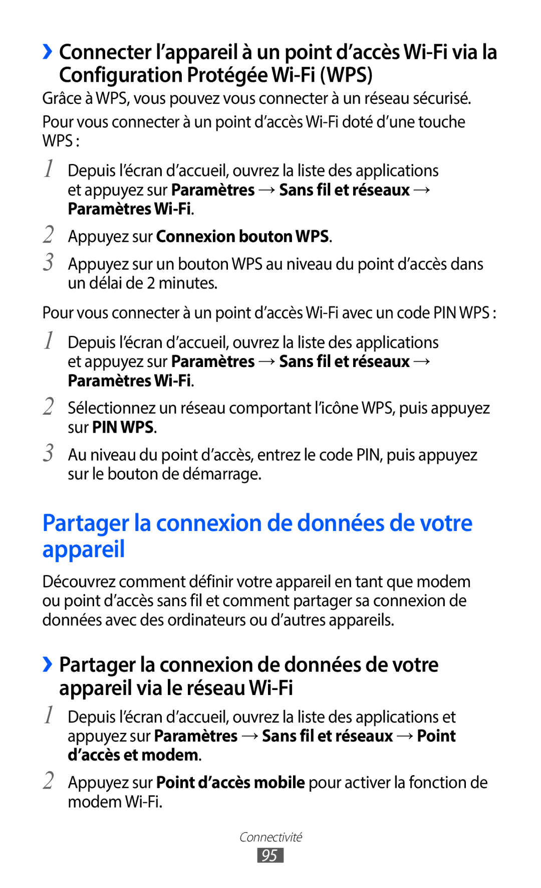 Samsung GT-S6102SKAXEF manual Partager la connexion de données de votre appareil, Configuration Protégée Wi-Fi WPS 